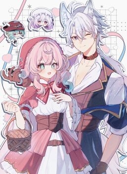 1boy 2girls anaxa_(honkai:_star_rail) animal_ears aqua_eyes aqua_hair basket belt_collar blue_eyes brown_gloves castorice_(honkai:_star_rail) collar dress drill_hair gloves heart highres honkai:_star_rail honkai_(series) hood hoodie hyacine_(honkai:_star_rail) multicolored_eyes multiple_girls one_eye_closed phainon_(honkai:_star_rail) pink_hair pino_(pino2452) purple_hair red_hoodie twin_drills white_hair wolf_ears yellow_pupils