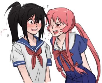 2girls arms_behind_back ayano_aishi black_eyes black_hair blush bow bowtie commentary crossover embarrassed english_commentary gasai_yuno hair_bow half-closed_eyes heart long_hair looking_at_another low_twintails mirai_nikki mistigri0000 multiple_girls naughty_face neckerchief nose_blush open_mouth pink_hair pleated_skirt ponytail red_eyes school_uniform serafuku short_sleeves skirt smile sweat trait_connection twintails yandere_simulator yuri