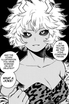 1girl ashido_mina bare_shoulders boku_no_hero_academia breasts cleavage collarbone english_text female_focus fourth_wall highres horikoshi_kouhei horns large_breasts looking_at_viewer manga_illustration manga_page monochrome no_bra official_art open_mouth sexually_suggestive short_hair solo solo_focus speech_bubble superhero_costume translated undressing
