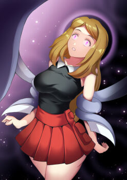 1girl brown_hair gen_6_pokemon glowing glowing_eyes hadant holding hypnosis long_hair malamar mind_control nintendo pink_background pokemon pokemon_xy red_skirt serena_(pokemon) shirt skirt sleeveless sleeveless_shirt squid tentacles