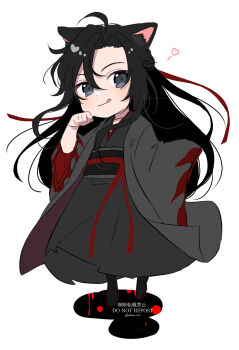 Rule 34 | 1boy, :q, absurdres, ahoge, animal ears, black boots, black eyes, black hair, black hanfu, black sash, blush, boots, cat boy, cat ears, chibi, chibi only, chinese clothes, closed mouth, coat, commentary request, full body, grey coat, hair down, hair ribbon, half updo, hand up, hanfu, heart, highres, kabe bo, kemonomimi mode, licking lips, long hair, long sleeves, looking at viewer, male focus, modao zushi, official alternate costume, official alternate hairstyle, open clothes, open coat, paw pose, red ribbon, red sash, ribbon, robe, sash, sidelocks, simple background, smile, solo, standing, tongue, tongue out, twitter username, very long hair, watermark, wei wuxian, wei wuxian (yiling laozu), white background, wide sleeves
