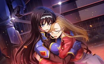 2girls artist_request black_hair blue_eyes bodysuit breasts clarice_garfield closed_eyes closed_mouth code_geass code_geass:_lost_stories crying game_cg glass highres jacket large_breasts long_hair maya_disel military_uniform multiple_girls non-web_source official_art open_mouth pink_shirt shirt sidelocks smile