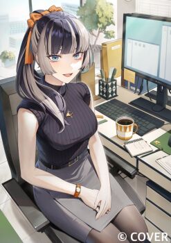 1girl :d air_(ai_r_) black_hair black_pantyhose black_sweater_vest blue_eyes blunt_bangs breasts chair coffee commentary_request computer_keyboard copyright_name day grey_hair grey_skirt hime_cut hololive hololive_dev_is indoors jewelry juufuutei_raden large_breasts long_hair looking_at_viewer miniskirt monitor multicolored_hair necklace office office_lady official_art on_chair open_mouth pantyhose pencil_skirt ponytail ribbed_sweater sitting skirt smile solo straight_hair streaked_hair sweater sweater_vest turtleneck turtleneck_sweater two-tone_hair virtual_youtuber watch wristwatch