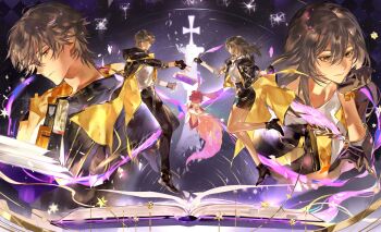 1boy 2girls animal_ears as_i&#039;ve_written_(honkai:_star_rail) bare_legs black_boots black_coat black_gloves black_jacket black_pants black_skirt book boots brown_hair building caelus_(honkai:_star_rail) chinese_commentary closed_mouth coat commentary_request constellation creature dual_persona english_text fingerless_gloves floating_clothes from_behind full_body gloves hair_between_eyes half-closed_eyes hand_on_own_chin hand_on_own_face hand_up hands_up high_heel_boots high_heels highres holding holding_quill honkai:_star_rail honkai_(series) hood hooded_coat infinity_symbol jacket lapels long_hair long_sleeves looking_at_another looking_down looking_to_the_side mem_(honkai:_star_rail) miemiebei miniskirt multiple_girls multiple_views open_book open_clothes open_coat open_jacket orange_coat pants pink_fur quill shirt short_hair sidelocks skirt smile space star_(sky) star_(symbol) star_trail starry_sky_background stelle_(honkai:_star_rail) sun_symbol t-shirt tail thigh_strap trailblazer_(honkai:_star_rail) two-sided_coat two-sided_fabric two-sided_jacket upper_body white_shirt yellow_eyes yellow_jacket