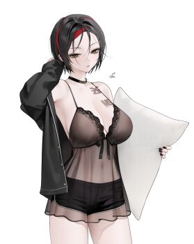 1girl alternate_costume arm_up armpits black_eyeshadow black_hair black_nails breasts chest_tattoo choker covered_piercing crow_(nikke) ear_piercing earrings eyeshadow goddess_of_victory:_nikke green_eyes highres holding holding_pill jewelry lace_trim large_breasts lingerie looking_at_viewer makeup multicolored_hair navel negligee nipple_bar nipple_piercing nipples off-shoulder_jacket off_shoulder ohisashiburi piercing red_hair see-through_clothes short_hair short_shorts shorts simple_background solo streaked_hair tattoo underwear white_background