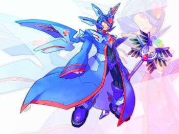 1boy 2020 alternate_costume android armor artist_name blue_armor blue_boots blue_coat blue_helmet boots coat commentary copy_x_(mega_man) forehead_jewel helmet holding holding_staff male_focus mechanical_wings mega_man_(series) mega_man_zero_(series) nakayama_tooru_(style) official_style red_eyes signature simple_background sleeves_past_fingers sleeves_past_wrists solo staff tomycase white_background wide_sleeves wings zoom_layer