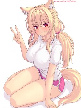Rule 34 | 1girl, animal ear fluff, animal ears, blonde hair, blush, breasts, cat ears, cat girl, cat tail, closed mouth, dolphin shorts, fang, highres, large breasts, long hair, looking at viewer, low twintails, nottytiffy, original, patreon username, pink shorts, red eyes, shirt, short shorts, short sleeves, shorts, simple background, sitting, slit pupils, smile, solo, tail, thighs, tiffy (nottytiffy), twintails, v, watermark, web address, white background, white shirt