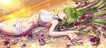 1girl bare_shoulders breasts c.c. code_geass code_geass:_lost_stories f4samurai game_cg gradient_sky green_hair highres long_hair long_sleeves looking_at_viewer medium_breasts official_art orange_sky shirt sky solo sports_bra sunset thighhighs water white_shirt white_thighhighs yellow_eyes