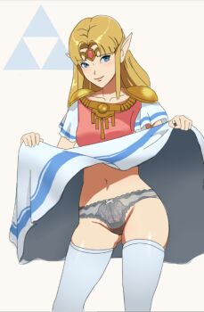 Rule 34 | 1girl, blonde hair, blue eyes, bow, circlet, cleft of venus, clothes lift, dress, dress lift, gluteal fold, lace, lace-trimmed panties, lace trim, midriff, navel, nintendo, panties, pointy ears, princess zelda, simple background, skindentation, solo, sunbeam (artist), the legend of zelda, thighhighs, triforce, underwear