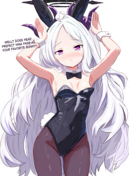 1girl absurdres ahoge animal_ears black_halo blue_archive blush breasts demon_girl demon_horns flygombal halo highres hina_(blue_archive) horns loli long_hair looking_at_viewer playboy_bunny purple_eyes rabbit_ears simple_background small_breasts solo standing very_long_hair white_background white_hair