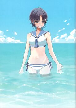 1girl absurdres ahoge asakura_toru bikini black_hair blue_sailor_collar blue_sky cloud gradient_hair highres idolmaster in_water kakifly light_blush multicolored_hair navel non-web_source ocean parted_bangs ribbon-trimmed_bikini ribbon_trim sailor_bikini sailor_collar sailor_swimsuit_(idolmaster) scan short_hair sky smile solo swimsuit teeth water