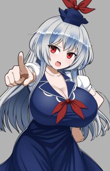 1girl blue_dress blue_hair breasts cleavage collarbone commentary dress grey_background hand_on_own_hip hat highres kamishirasawa_keine large_breasts long_hair multicolored_hair open_mouth pointing pointing_at_viewer red_eyes shirt short_sleeves solo sweatdrop touhou two-tone_hair white_shirt zawapirori