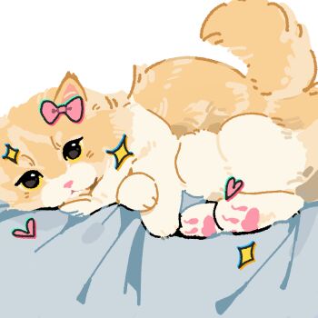 Rule 34 | 7488426568, animal, animal focus, blanket, bow, cat, chinese commentary, commentary request, highres, looking at viewer, lying, no humans, on side, original, pawpads, pink bow, simple background, solo, sparkle, transparent background, yellow cat, yellow eyes