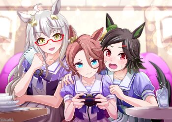 Rule 34 | 3girls, ahoge, animal ears, bandaid, bandaid on cheek, bandaid on face, biwa hayahide (umamusume), black hair, blue eyes, blush, bnw (umamusume), bow, bowtie, breasts, brown hair, collarbone, commentary request, controller, cup, game controller, glasses, grey hair, hair between eyes, hair ornament, hairclip, highres, holding, holding controller, holding game controller, horse ears, horse girl, horse tail, long hair, multiple girls, narita taishin (umamusume), notebook, open mouth, parted lips, pleated skirt, puffy short sleeves, puffy sleeves, purple bow, purple bowtie, purple shirt, red-framed eyewear, red eyes, sailor collar, sailor shirt, school uniform, semi-rimless eyewear, shirt, short hair, short sleeves, skirt, smile, sweatdrop, swept bangs, tail, torinosukei, tracen school uniform, umamusume, under-rim eyewear, water, white sailor collar, white skirt, winning ticket (umamusume), yellow eyes