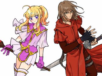 1boy 1girl ahoge arms_at_sides blonde_hair brown_eyes brown_hair clarine_(fire_emblem) closed_mouth cowboy_shot dress fingerless_gloves fire_emblem fire_emblem:_the_binding_blade gloves highres holding holding_staff layered_capelet long_hair long_sleeves looking_at_viewer misoko_(toomuchsushi) nintendo pants ponytail purple_dress purple_eyes purple_gloves rutger_(fire_emblem) serious sidelocks simple_background smile spread_fingers staff sword thighhighs weapon white_background zettai_ryouiki