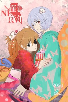 2girls animal_print aqua_kimono ayanami_rei bad_id bad_twitter_id blue_hair brown_hair butterfly_print butterfly_print_kimono commentary dated english_commentary eyepatch flower hair_flower hair_ornament happy_new_year highres hug japanese_clothes kimono looking_at_viewer mixed-language_commentary multiple_girls neon_genesis_evangelion nerv new_year obi rebuild_of_evangelion red_eyes red_kimono sash short_hair signature smile souryuu_asuka_langley swirl9017