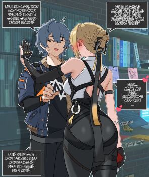 1boy 1girl ass asymmetrical_gloves bare_shoulders black_pants blonde_hair blush bookshelf commentary cowboy_shot ear_blush elbow_gloves english_text evelyn_chevalier forced_smile from_behind gloves grey_hair hair_up half_gloves hetero high-waist_pants highres kabedon kulojawa pants short_hair single_elbow_glove single_half_glove speech_bubble tight_clothes tight_pants wise_(zenless_zone_zero) you_gonna_get_raped zenless_zone_zero