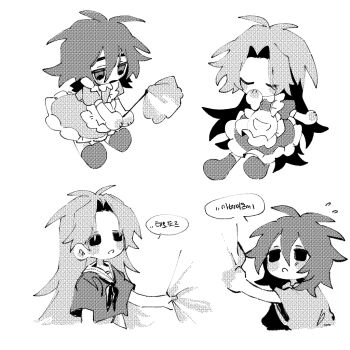 2boys alternate_costume antenna_hair apron blush_stickers closed_eyes clothes_grab covering_own_mouth crossdressing crossdressing_(mtf) dress duster enmaided feather_duster frilled_apron frilled_dress frills greyscale hair_between_eyes hand_over_own_mouth hashtag-only_commentary hatsutori_hajime holding holding_duster isoi_reiji korean_text long_hair maid male_focus male_maid marrrrrralv medium_hair monochrome multiple_boys neckerchief open_mouth puffy_short_sleeves puffy_sleeves saibou_shinkyoku sailor_collar sailor_shirt screentones shirt short_sleeves simple_background sleeve_grab speech_bubble translation_request trap u_u white_background