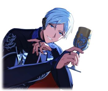 Rule 34 | 1boy, blue eyes, bridal gauntlets, chalice, cup, dark-skinned male, dark skin, fingernails, game cg, happy elements, helios rising heroes, holding, holding cup, jewelry, long sleeves, looking at viewer, male focus, mole, mole under eye, non-web source, official art, oscar bale, ring, short hair, smile, solo, teeth, transparent background, upper body, white hair