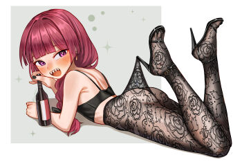 1girl :d ass black_bra bocchi_the_rock! bottle bra braid commentary_request floral_print full_body hakai_no_ika high_heel_sandals high_heels highres hiroi_kikuri holding holding_bottle lace_pantyhose_hooked_on_heel_(meme) lying meme on_stomach open_mouth pantyhose print_pantyhose purple_eyes red_hair sandals sharp_teeth smile solo teeth the_pose underwear