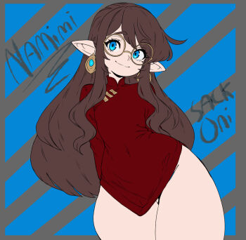 1girl arms_behind_back artist_name blue_eyes bottomless breasts brown_hair character_name closed_mouth commission covered_navel earrings eyebrows_hidden_by_hair final_fantasy final_fantasy_xiv glasses gluteal_fold groin hair_between_eyes highres jewelry lalafell long_hair looking_at_viewer pointy_ears sackoni small_breasts smile solo warrior_of_light_(ff14) wide_hips