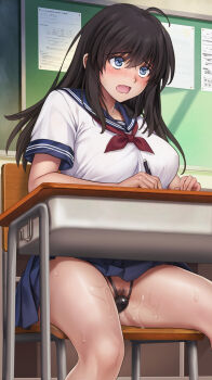 1girl black_hair blue_eyes blue_sailor_collar blue_skirt blush breasts chair classroom commentary_request cyclone_(reizei) desk female_pubic_hair highres holding holding_pen indoors kitamura_kaori large_breasts long_hair midareuchi neckerchief object_insertion on_chair open_mouth pen pleated_skirt pubic_hair red_neckerchief sailor_collar school_chair school_desk school_uniform serafuku sex_toy shirt sitting skirt solo vaginal vaginal_object_insertion vibrator white_shirt