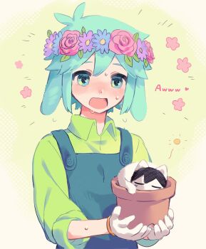 1boy alternate_sleeve_length animal animal_ears animalization antenna_hair aqua_eyes aqua_hair basil_(headspace)_(omori) basil_(omori) blue_flower blue_overalls blush buttons cat child closed_eyes collared_shirt commentary_request double-parted_bangs english_text fish flower flower_pot flower_wreath flying_fish gloves green_background green_shirt hair_between_eyes halftone halftone_background head_wreath highres holding holding_flower_pot leaf looking_at_animal lop_rabbit_ears male_focus nose_blush omori omori_(omori) open_mouth overalls pink_flower pink_rose purple_flower rabbit_boy rabbit_ears rose shirt short_hair simple_background solo squeans sweat tabeyu tareme three-quarter_sleeves tongue u_u upper_body wavy_mouth white_cat white_gloves