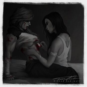 2girls arcane:_league_of_legends arcane_vi artist_name bandaged_arm bandages bandaid bandaid_on_arm bare_shoulders bed blood border breasts caitlyn_(league_of_legends) clothes_lift highres injury inked_bad_wolf large_breasts league_of_legends long_hair monochrome multiple_girls open_mouth pants profile shirt_lift short_sleeves sitting vi_(league_of_legends) white_border yuri