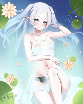 1girl armpit_crease black_panties blush breasts closed_mouth commentary cowboy_shot dress elf english_commentary flower frieren green_eyes grey_hair hand_in_own_hair highres knee_up lily_pad long_hair looking_at_viewer panties parted_bangs pointy_ears riria_mona1 see-through_clothes see-through_dress sleeveless sleeveless_dress small_breasts solo sousou_no_frieren twintails underwear water white_dress yellow_flower