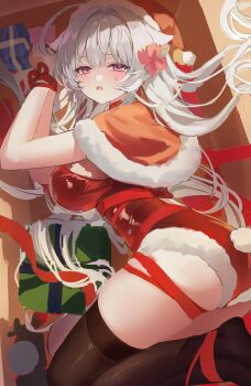 1girl absurdres ass bdsm black_thighhighs blush bondage bound bound_wrists box breasts cape cardboard_box christmas flower fur_trim fuyuka_(stella_sora) gift gift_box hair_flaps hair_flower hair_ornament half-closed_eyes hashtag-only_commentary hat highres indoors long_hair looking_at_viewer lying maple_leaf_hair_ornament on_side open_gift pantyhose pink_eyes playboy_bunny rabbit_tail red_cape red_ribbon ribbon ribbon_bondage santa_costume santa_hat self_gift shrug_(clothing) solo stella_sora tail teru_(s2_teru) thighhighs thighs tied_up_(nonsexual) white_hair wrist_ribbon