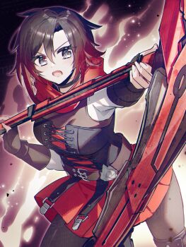 1girl cape grey_eyes hood hooded_cape ruby_rose rwby scythe skirt