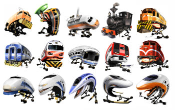 bowl chibi chibi_only creature facial_hair full_body guitar highres holding holding_guitar holding_instrument holding_sword holding_weapon instrument ldt locomotive machine mustache original pet_bowl sharp_teeth simple_background sword teeth train weapon white_background