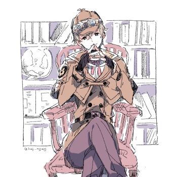 1boy ace_attorney belt belt_buckle black_belt black_gloves blonde_hair book bookshelf brown_capelet brown_coat brown_eyes brown_hat buckle capelet chair closed_mouth coat commentary_request crossed_legs deerstalker feet_out_of_frame globe gloves goggles goggles_on_head grey_pants hat hazime herlock_sholmes long_sleeves looking_at_viewer male_focus pants sitting smile solo the_great_ace_attorney twitter_username