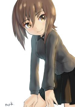 1girl artist_name black_collar black_skirt brown_eyes brown_hair collar commentary_request cross girls_und_panzer grey_shirt highres iron_cross kuromorimine_school_uniform kuroneko_douji looking_to_the_side nishizumi_maho pleated_skirt school_uniform shirt signature simple_background skirt smile solo white_background wing_collar