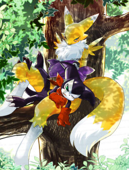 Rule 34 | bandana, bandana around neck, black sclera, colored sclera, digimon, digimon (creature), digimon tamers, gloves, highres, impmon, kitsune, mucha gorou, red bandana, red gloves, renamon, sitting, tree, yuriyuri (ccc)