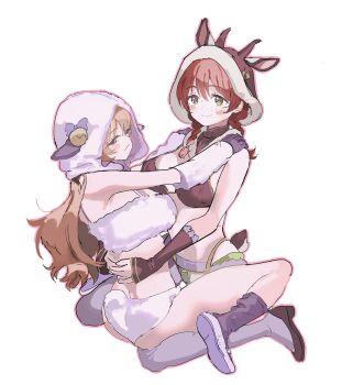 Rule 34 | 2girls, animal costume, animal ears, animal hood, arm warmers, bananahaemeog, bell, blush, boots, bra, braid, brown hair, brown shoes, deer costume, deer ears, deer hood, deer tail, detached sleeves, emma verde, fluffy clothes, green eyes, hands on another's shoulders, hands on another's waist, highres, hood, konoe kanata, long hair, looking to the side, love live!, love live! nijigasaki high school idol club, multiple girls, on floor, pale skin, purple eyes, sheep costume, sheep hood, sheep tail, shoes, sitting, sitting on lap, sitting on person, tail, tank top, underwear, white background, white tank top