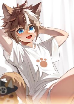 1boy animal_ears arms_behind_head blush chinese_commentary commentary_request conical_hat dog_boy dog_ears dog_tail fang genshin_impact gorou_(genshin_impact) highres looking_at_viewer luosaihuer male_focus multicolored_hair open_mouth paw_print shirt shorts skin_fang smile tail white_background white_shirt white_shorts