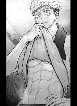 1boy abs after_exercise black_border border clothes_lift commentary fingernails greyscale hand_on_own_hip highres itadori_yuuji jujutsu_kaisen lifting_own_clothes male_focus monochrome navel nay_bb pectorals pillarboxed puff_of_air scar scar_on_face scar_on_mouth shirt_lift short_hair solo sweat symbol-only_commentary teeth toned toned_male towel towel_around_neck undercut underpec upper_body