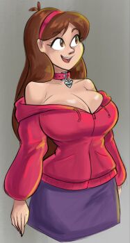 aged_up breasts brown_hair collar cuddlesword gravity_falls highres hood hoodie large_breasts mabel_pines pink_hoodie smile