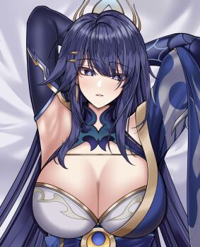 1girl armpits arms_behind_head blue_pupils breasts cleavage collar commentary_request detached_sleeves earrings eyeliner hair_ornament hairclip highres honkai_(series) honkai_impact_3rd huge_breasts japanese_clothes jewelry long_hair lying makeup open_clothes purple_eyes purple_hair raiden_mei raiden_mei_(xentinel:_dawnbearing_crescent) revision single_detached_sleeve single_earring tor_ai upper_body very_long_hair