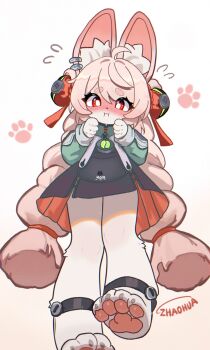 1girl ahoge animal_ear_fluff animal_ear_piercing animal_ears blush braid bright_pupils furry furry_female hair_ornament highres long_hair looking_at_viewer pink_fur pink_hair rabbit_ears rabbit_girl red_eyes shirt short_eyebrows solo thick_eyebrows twin_braids white_pupils zenless_zone_zero zhao_(zenless_zone_zero) zhaohua