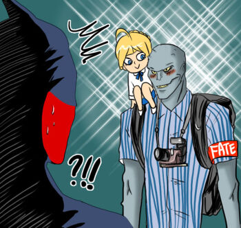 ! !? 1girl 2boys ? ahoge armband baby_doll_(batman) backpack bag batman batman:_the_animated_series batman_(series) blonde_hair bloodmilk blue_eyes blue_ribbon blue_shirt blue_skirt blush bruce_wayne camera camera_around_neck colored_skin couple dc_comics dcau grey_skin killer_croc long_sleeves mask multiple_boys neck_ribbon ribbon shirt short_hair shorts size_difference skirt sparkle striped_clothes striped_shirt superhero_costume white_shirt white_shorts