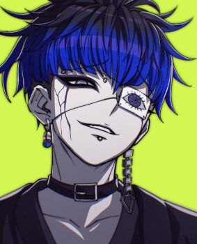 Rule 34 | 1boy, absurdres, belt buckle, belt collar, black collar, black hair, black shirt, blue eyes, blue hair, buckle, chamuchai, collar, collarbone, earrings, eyebrow piercing, eyepatch, face piercing, gradient hair, green background, highres, jewelry, labret piercing, male focus, medical eyepatch, mismatched earrings, multicolored hair, omokage yugamu, parted lips, piercing, portrait, ringed eyes, shirt, short hair, simple background, solo, the hundred line -last defense academy-