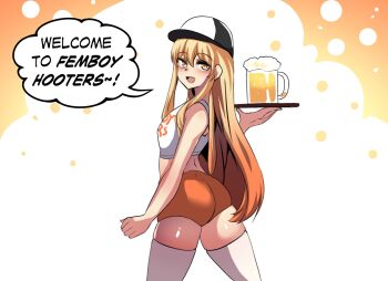 1boy alcohol baseball_cap beer beer_mug blonde_hair blush cup drink femboy_hooters_(meme) from_behind hat highres hinghoi holding holding_tray hooters long_hair looking_back male_focus meme merryweather mug open_mouth orange_shorts shorts tank_top thighhighs trap tray white_tank_top white_thighhighs yellow_eyes