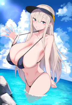 1girl bare_arms bare_shoulders bikini bikini_pull blonde_hair blue_eyes blue_sky blush breasts cleavage clothes_pull collarbone commentary_request day ear_piercing hair_between_eyes highres huge_breasts lens_flare long_hair looking_at_viewer melonbooks micro_bikini navel ocean original outdoors piercing sideboob sky smile solo summer sun swimsuit very_long_hair visor_cap wading yuzuki_himuka