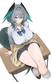 1girl absurdres alternate_costume arknights black_skirt black_wings blue_bow blue_bowtie bow bowtie breasts collared_shirt green_eyes grey_hair grey_socks head_wings highres ho'olheyak_(arknights) large_breasts looking_at_viewer loose_socks medium_hair pleated_skirt plentyofempty school_uniform shirt simple_background sitting sitting_on_table skirt smile snake_tail socks solo tail thighs white_background white_shirt wings