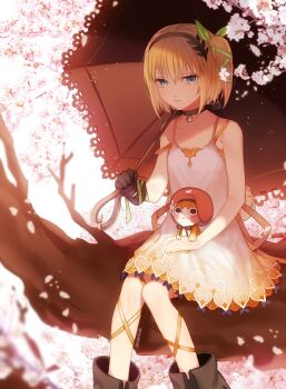 1girl bare_shoulders black_choker black_gloves blonde_hair blue_eyes brown_hairband brown_shoes brown_umbrella cherry_blossoms choker commentary dress edna_(tales) feet_out_of_frame gloves green_ribbon hair_ribbon hairband holding holding_umbrella in_tree km_(kyoma0) leg_ribbon looking_at_viewer normin_(tales) phoenix_(tales) ribbon shoes short_hair side_ponytail single_glove sitting sitting_in_tree sleeveless sleeveless_dress solo strap_slip tales_of_(series) tales_of_zestiria tree umbrella white_dress