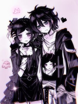 1boy 1girl :3 aegyo_sal ahoge alternate_costume alternate_eye_color andrew_graves anmo418 anti-eyebrow_piercing arm_warmers ashley_graves barbed_wire belt black_belt black_bow black_choker black_coat black_dress black_hair blue_eyes blush bow brother_and_sister character_print cheek_piercing chinese_commentary choker chromatic_aberration closed_mouth coat collarbone colored_skin commentary_request cowboy_shot cross cross_print cross_tattoo dress empty_eyes face_piercing fang film_grain fingerless_gloves fingernails gloves hair_bow hair_tie hand_in_pocket hand_on_another's_head hand_tattoo hand_up heart highres hood hood_down hooded_coat index_finger_raised jacket jewelry long_sleeves looking_at_viewer low_side_ponytail medium_hair necklace open_clothes open_jacket pants piercing pink_eyes pixel_art_inset ringed_eyes shirt short_hair siblings side_ponytail single_arm_warmer standing tattoo the_coffin_of_andy_and_leyley tongue tongue_out venus_symbol venus_symbol_necklace white_arm_warmers white_pants white_shirt white_skin