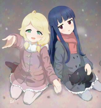 2girls :d aayh ahoge animal black_cat black_hair blonde_hair blush boots breath brown_boots brown_coat cat coat commentary_request frilled_coat frilled_skirt frills fringe_trim grey_coat grey_pantyhose hair_over_shoulder idolmaster idolmaster_cinderella_girls long_hair low_twintails multiple_girls open_mouth pantyhose parted_lips pero_(idolmaster_cinderella_girls) pink_skirt red_eyes red_scarf sajo_yukimi scarf sitting skirt smile twintails very_long_hair wariza white_pantyhose yusa_kozue