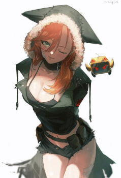 1girl absurdres animal_ears bra breasts character_request closed_eyes commentary_request commission copyright_request green_eyes highres jacket long_hair looking_at_viewer non-humanoid_robot orange_hair original pppmepl robot simple_background skeb_commission standing underwear white_background